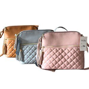 Pink Blue Tan Tassle Crossbody Medium Sized Quilted Square Purse